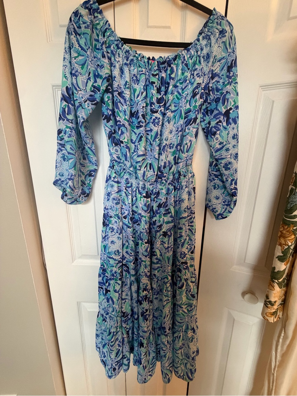 Lilly Pulitzer Blue Aqua Floral Off-Shoulder Tiered Midi Dress